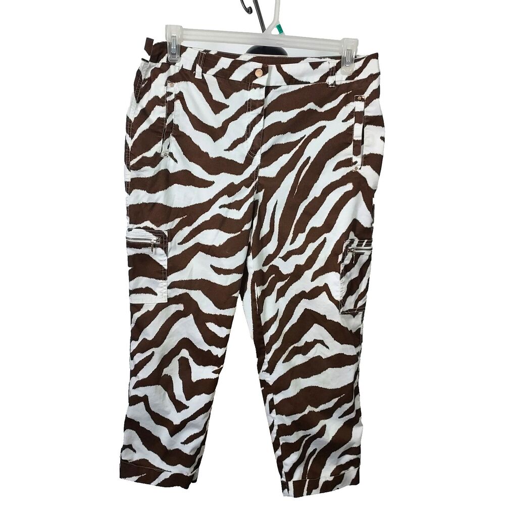 Chico's Zebra Print Crop Cargo Pants Brown White Size 2 Womens Large Stretch